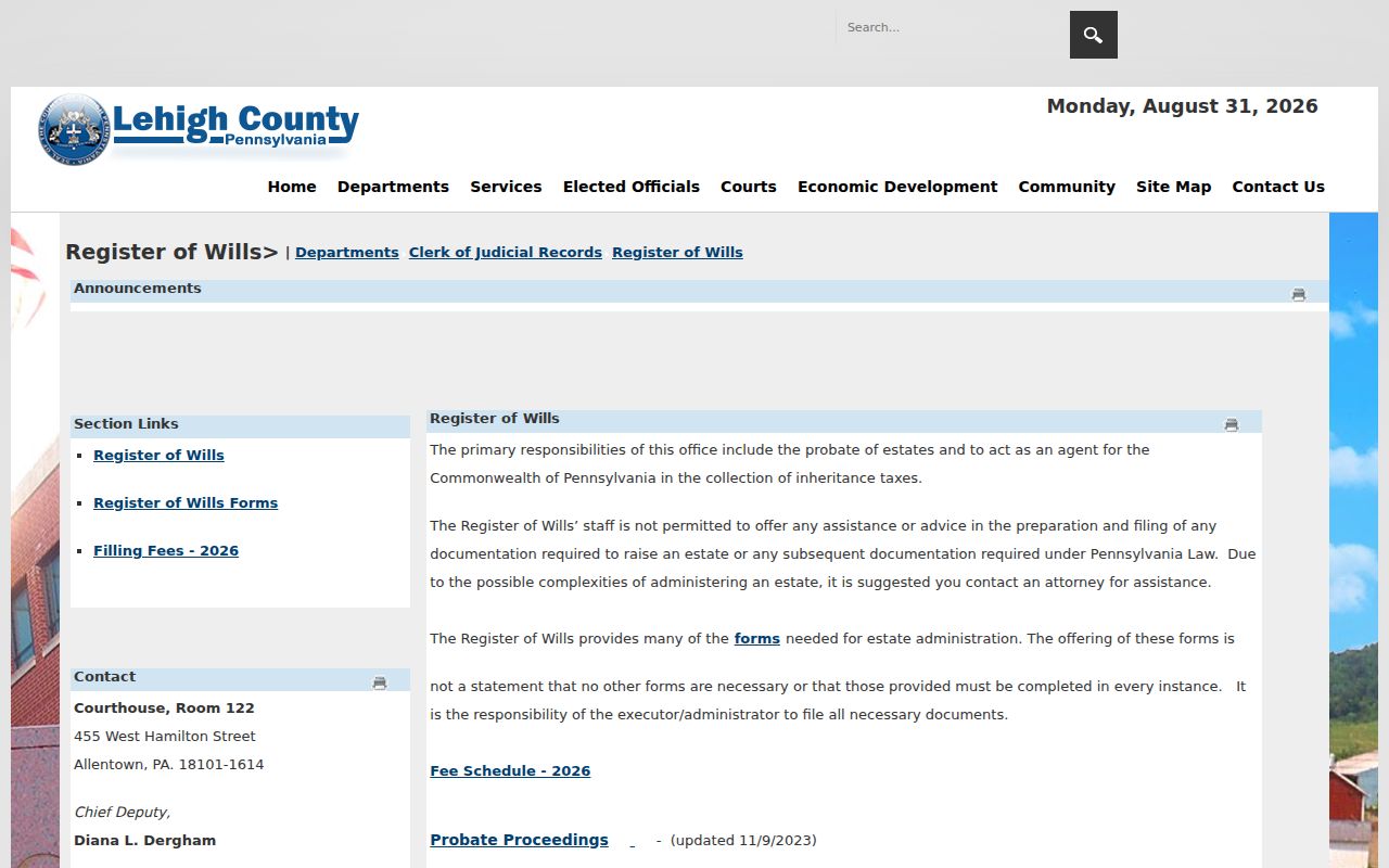 Allentown residents directory Lehigh County Register of Wills page