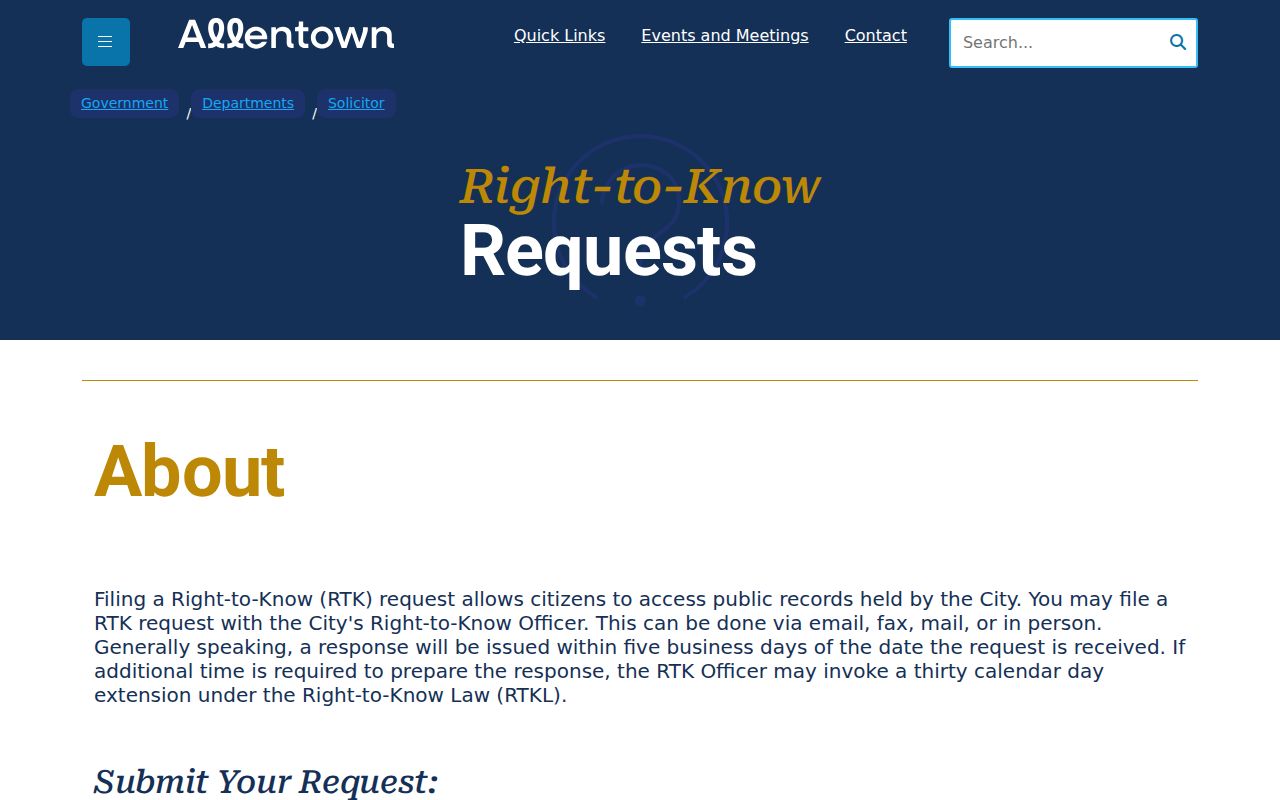 Allentown resident lookup reference showing the City Right-to-Know request source