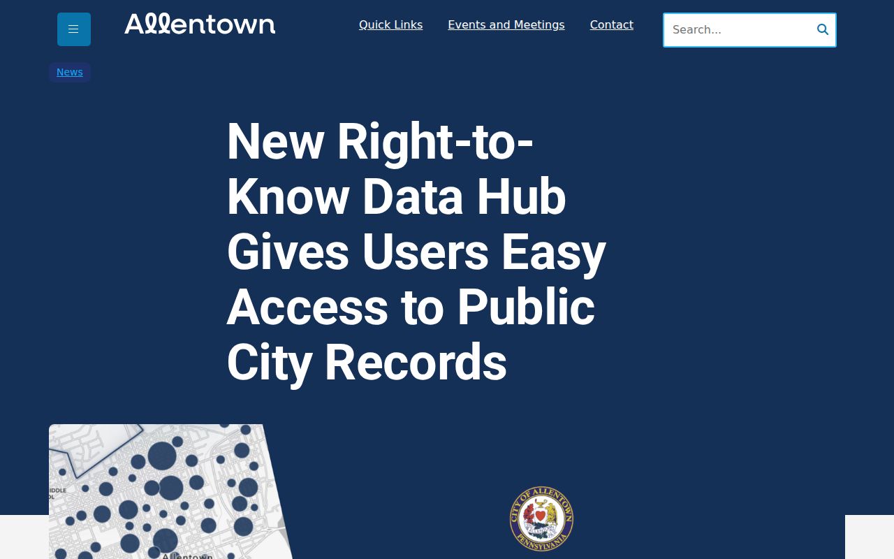 Allentown resident lookup reference showing the City Right-to-Know Data Hub announcement
