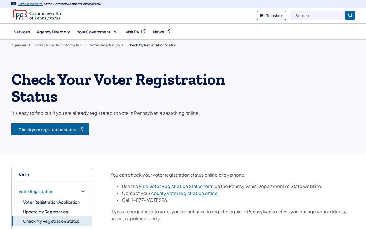 Allentown resident lookup reference showing the Pennsylvania voter registration status source