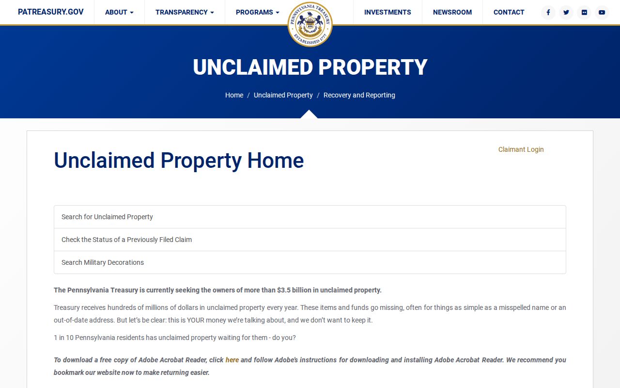 Allentown ZIP code directory reference showing the Pennsylvania unclaimed-property search